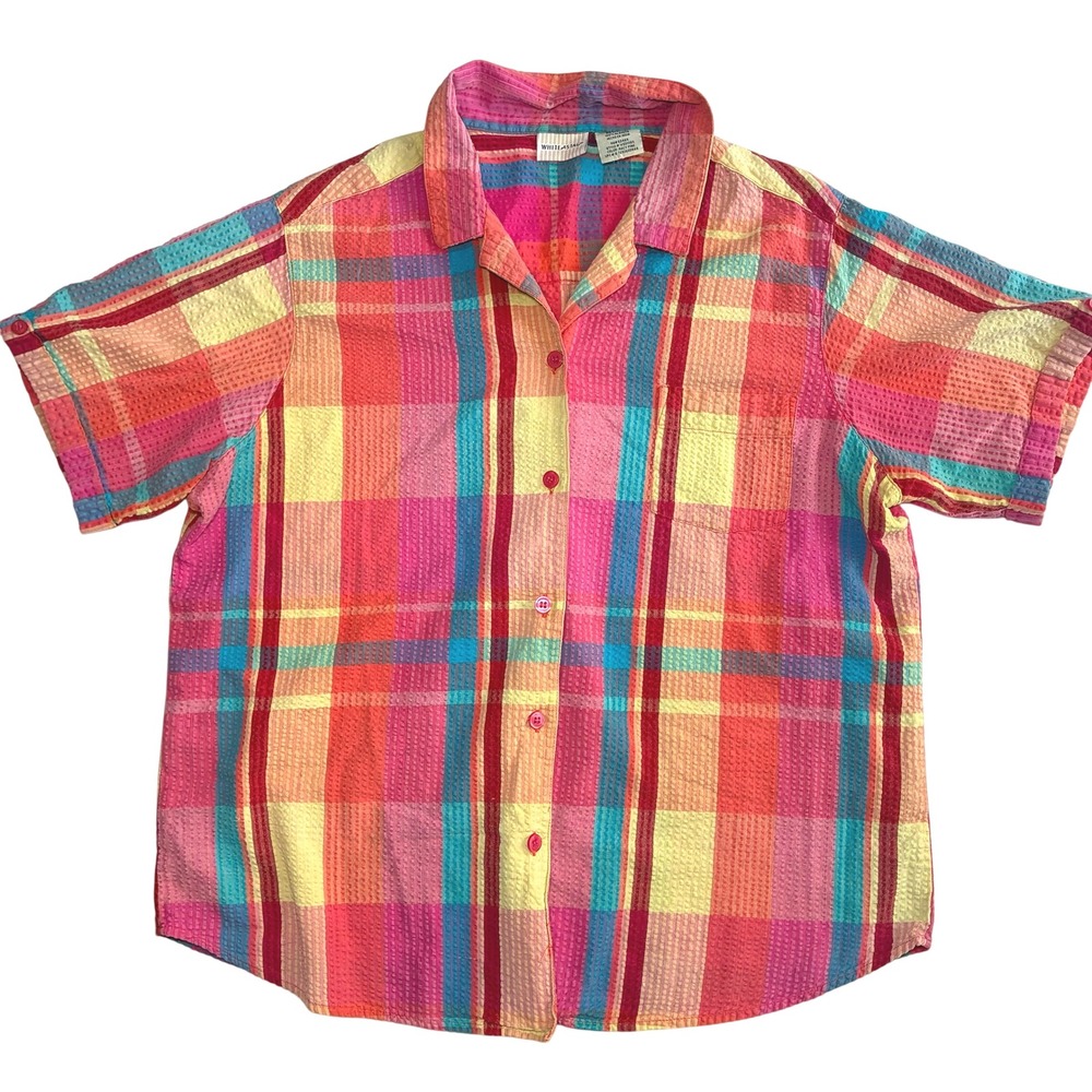Vintage White Stag Womens Plaid Button Up Blouse XL Multicolor Searsucker Picnic